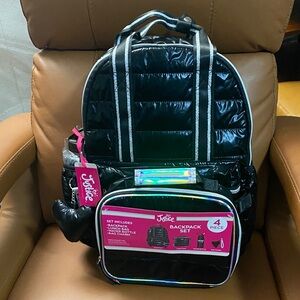 Justice Shiny Black 4 pc set Backpack Set with Holographic Details NWT